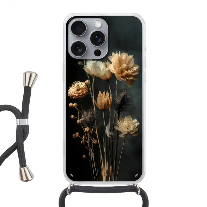 Boeket - Bloemen - Licht - Zwart Hoesje iPhone 16 Pro Max met koord klein -3d