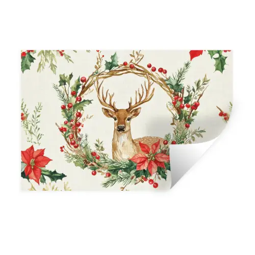 Kerstkrans - Hert - Hulst - Rood Muursticker klein -3d