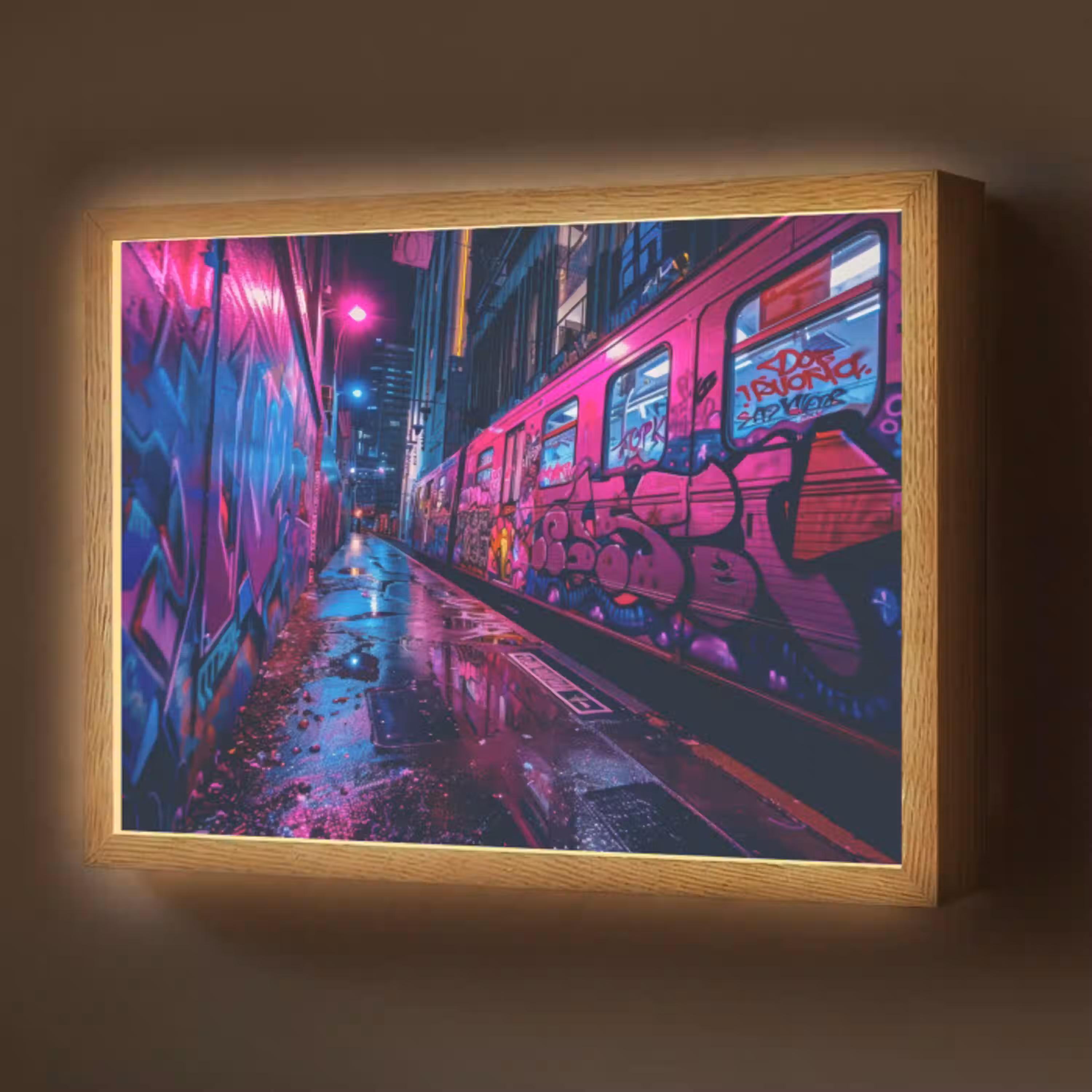 Stad - Neon -  Nacht - Roze - Graffiti Light Box met batterij (Wandlamp) middel -z3d_website