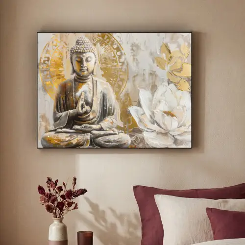 Boeddha - Bloem - Lotus - Wit - Goud - Zen Textielframe zwart klein -sfeer1