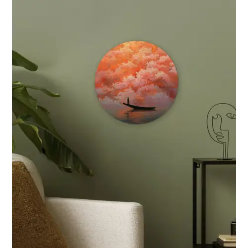 Zee - Boot - Wolken - Oranje Wandcirkel kunststof plaat 5mm dik klein -sfeer3