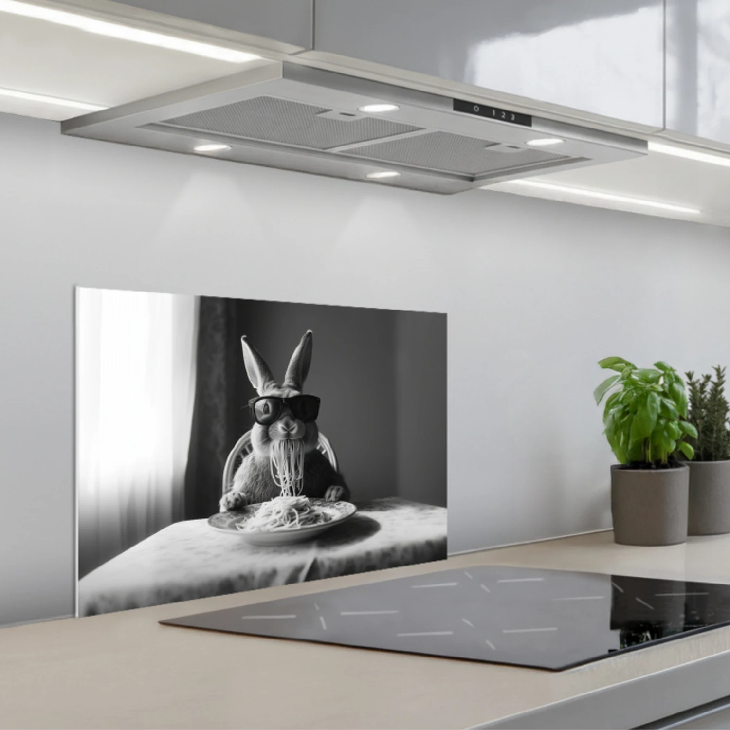 Konijn - Bunny - Zonnebril - Tafelkleed - Pasta - Schattig keuken achterwand spatscherm klein -3d_schuin