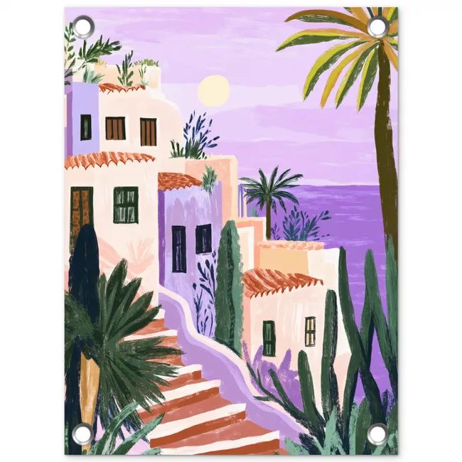 Huizen - Minimalistisch - Palmbomen - Kust tuinposter los doek klein -3d