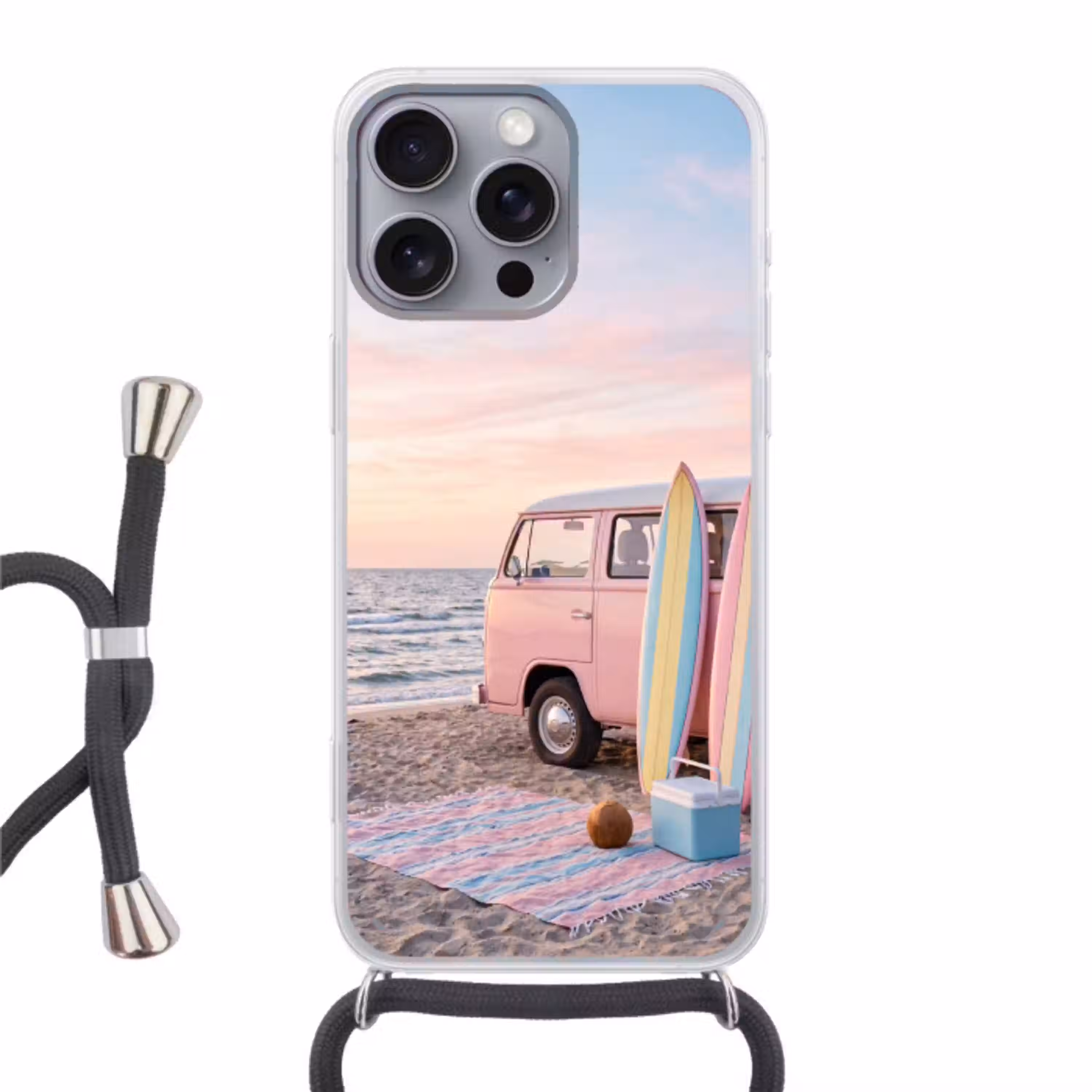 Busje - Strand - Surfplank - Zomer - Roze Hoesje iPhone 16 Pro Max met koord klein -3d