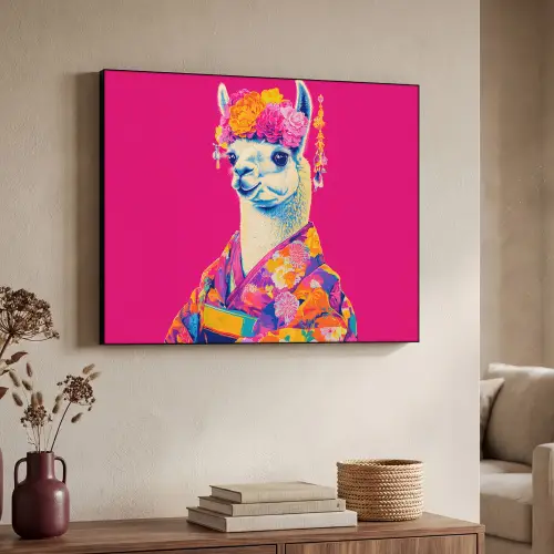 Lama - Kimono - Bloemenkrans - Felroze Textielframe - compleet frame klein -sfeer3