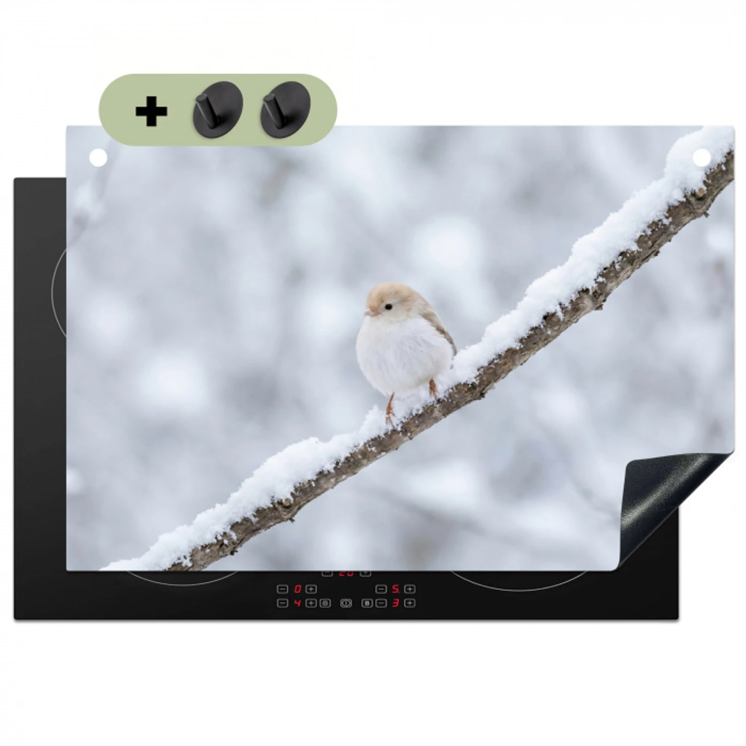 Vogeltje - Sneeuw - Tak - Winter - Zacht Inductie beschemer met haakjes klein -3d