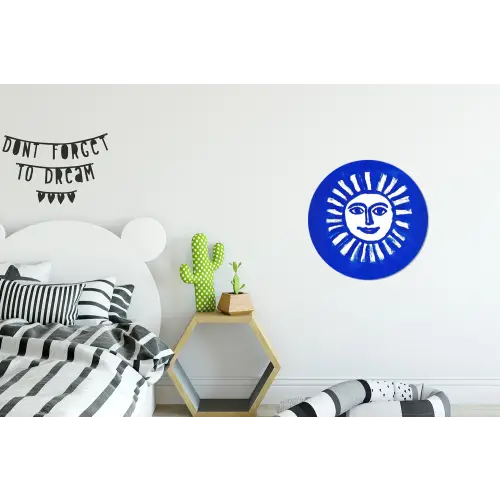 Zon - Gezicht - Penseelstructuur - Blauw Wandcirkel aluminium klein -kinderkamer