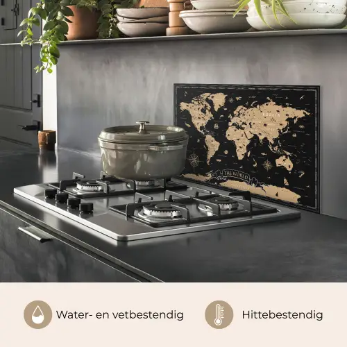 Wereldkaart - Beige - Zwart keuken achterwand spatscherm klein -usp_NL