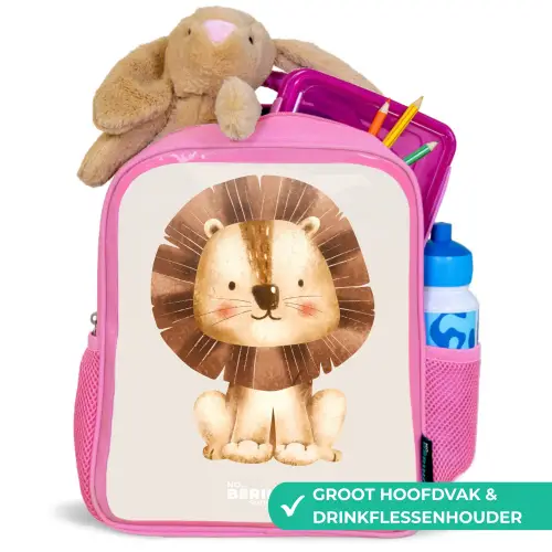Leeuw illustratie met beige achtergrond Kinderrugzak - Roze middel -inhoud_NL