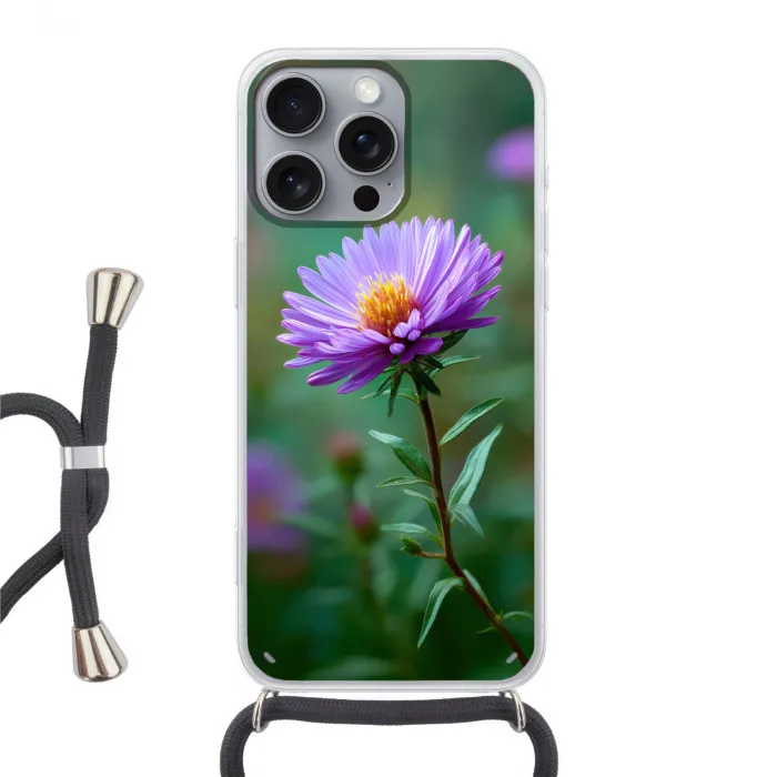 Aster - Paars - Bloem - Blaadjes Hoesje iPhone 16 Pro Max met koord klein -3d