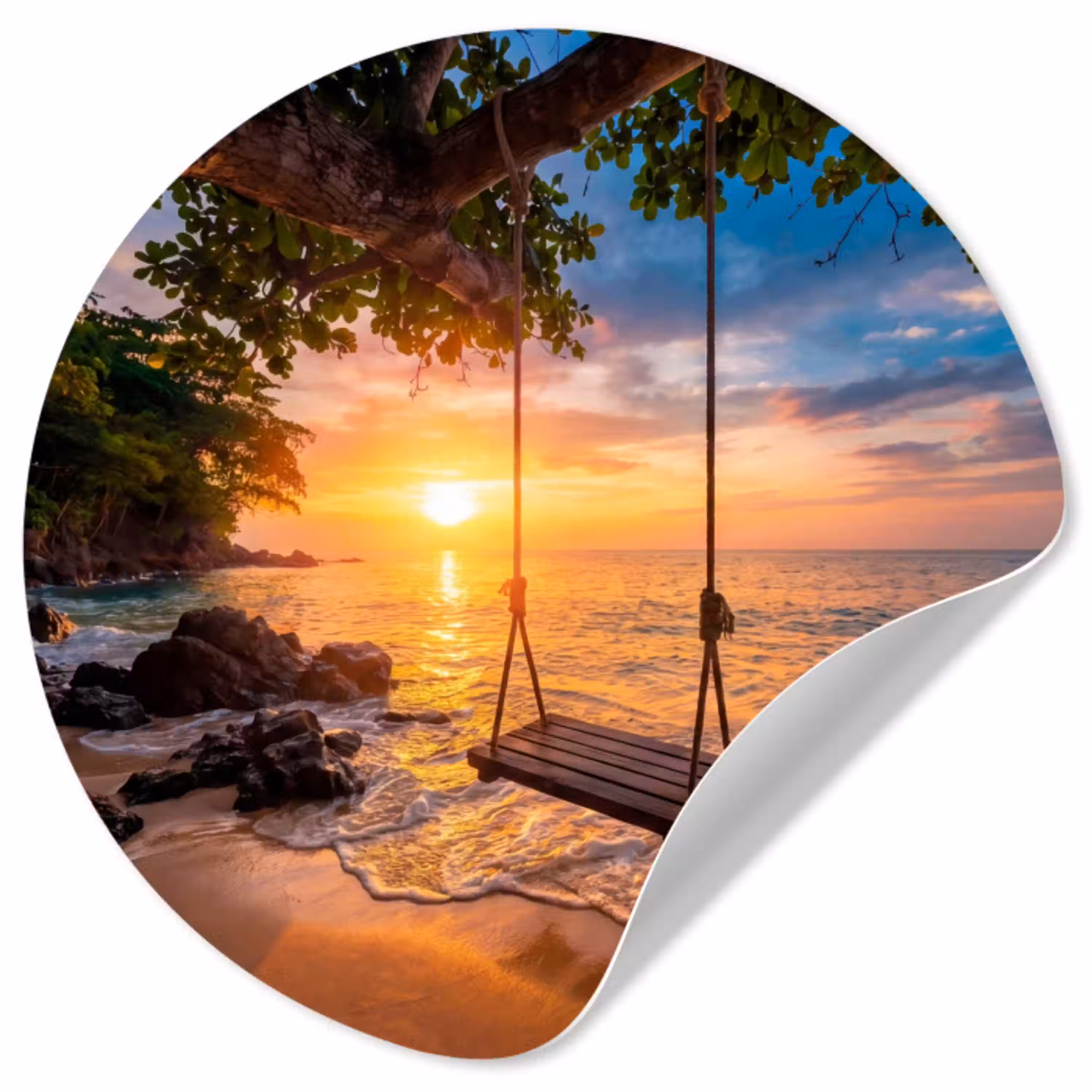 Schommel - Strand - Zonsondergang - Natuur - Oranje Wandcirkel behangsticker klein -3d
