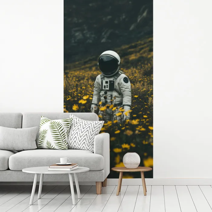 Astronaut - Bloemen - Veld - Geel fotobehang vinyl groot -woonkamer