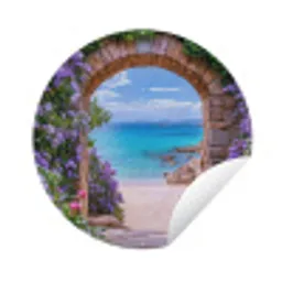 Doorkijk - Poort - Zee - Strand - Rotsen Wandcirkel tuinposter met ringen klein -3d