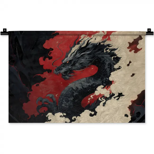 Zwarte draak - Rookwolken - Rood Wandkleed katoen klein -zz3d