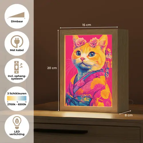 Kat - Kimono - Bloemen - Roze Light Box met kabel (Tafellamp) klein -USP_NL