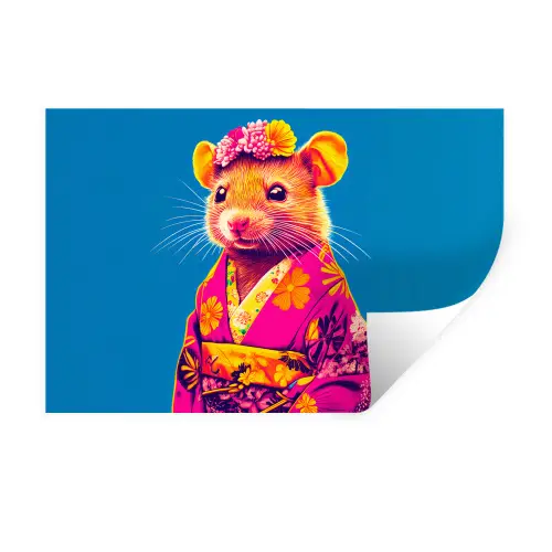 Muis - Kimono - Bloemen - Blauw Muursticker klein -3d