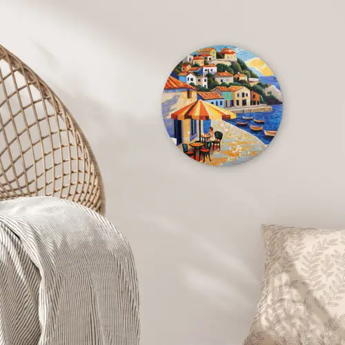 Kustdorp - Huisjes - Mozaïek - Zee Wandcirkel kunststof plaat 5mm dik klein -sfeer5