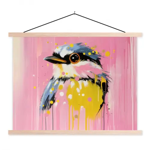 Vogel - Roze - Geel - Blauw textielposter latten blank klein -3d