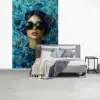 Vrouw - Bloemen - Vlinders - Blauw - Abstract fotobehang vinyl groot -slaapkamer