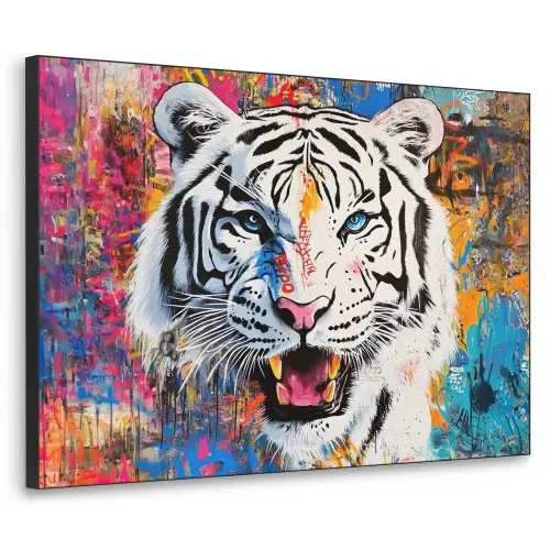 Street art - Tijger - Wit - Graffiti - Dieren Textielframe zwart klein -3d
