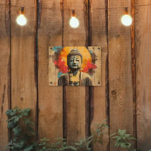 Boeddha Beeld in Vurige Kleuren tuinposter los doek klein -sfeer1