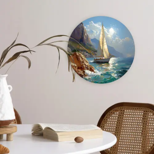 Zeilschip - Zee - Rotsen - Wolken Wandcirkel plexiglas klein -sfeer4
