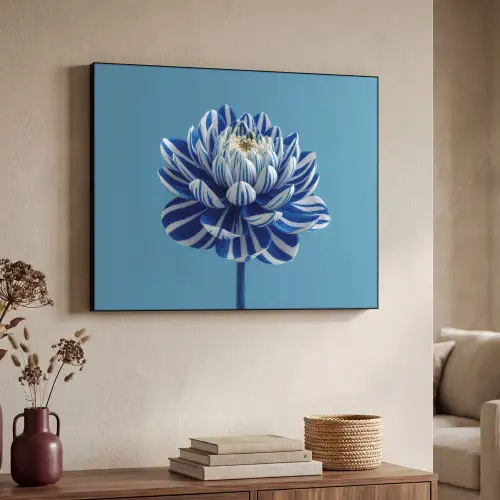Bloem - Blauw - Bloemblaadjes - Streepjes Textielframe zwart klein -sfeer3