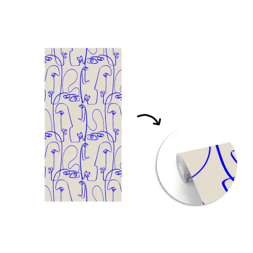 Gezicht - Blauw - Lijnen - Beige fotobehang vinyl groot 64 -3d