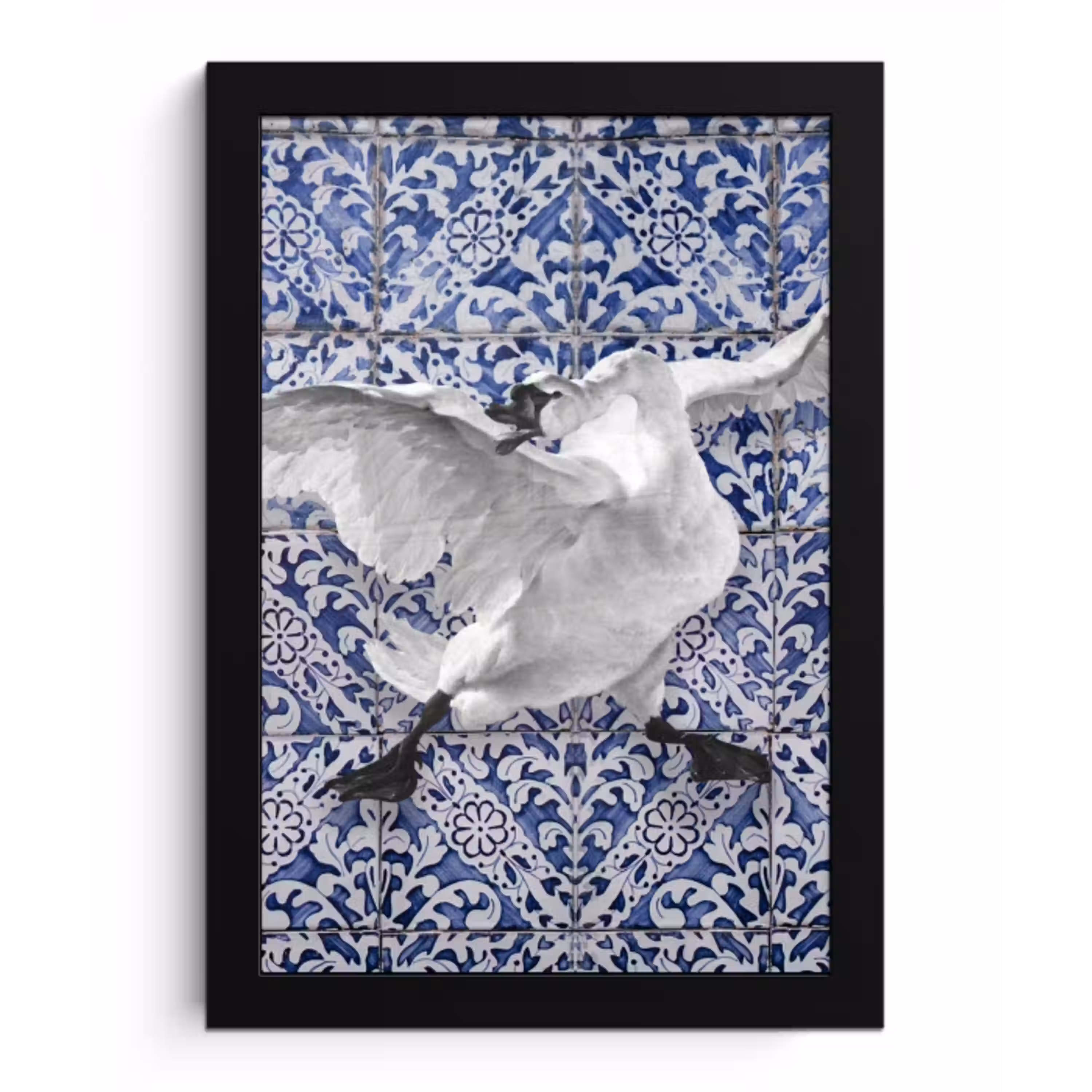 Zwaan - Kunst - Delfts blauw - Schilderij - Oude meesters fotolijst zwart zonder passe partout klein -3d