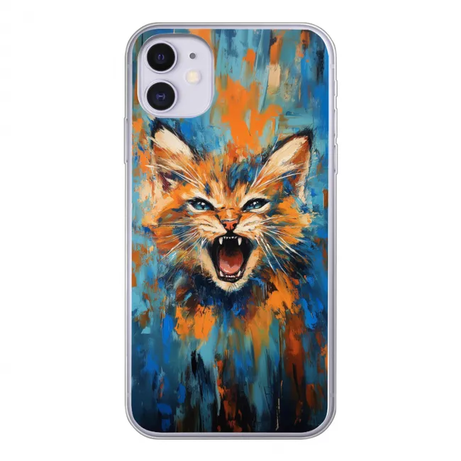 Kat - Kleurrijk - Oranje - Blauw Telefoonhoesje iPhone 11 klein -3d