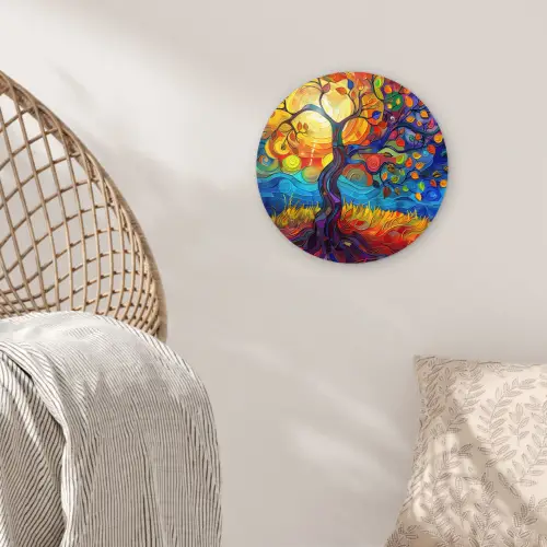 Boom - Zon - Verflook - Kleuren - Abstract Wandcirkel kunststof plaat 5mm dik klein -sfeer5