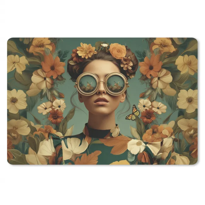 Bloemenkrans - Vrouwengezicht - Zonnebril - Oranje muismat rubber klein -3d