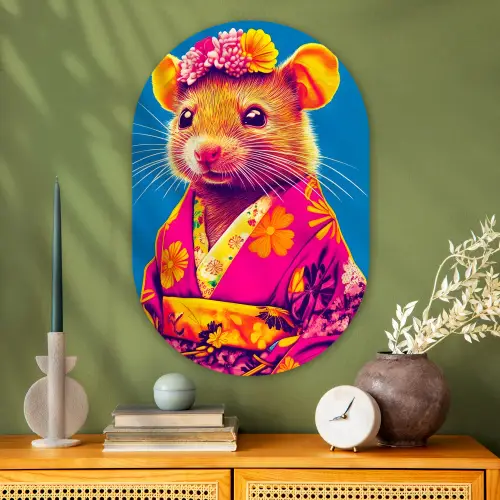 Muis - Kimono - Bloemen - Blauw Wandcirkel Ovaal Glas middel -sfeer2
