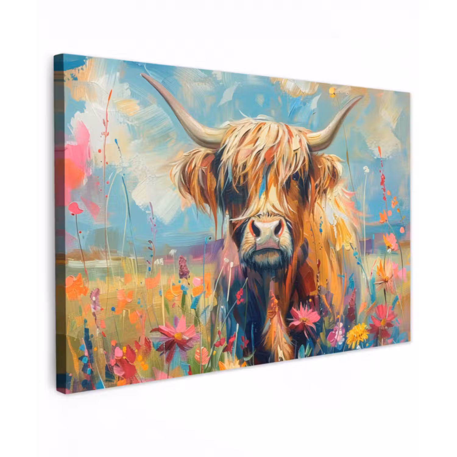 Outdoor Leinwand - Schottische Hochländer - Natur - Farbenfroh - Blumen