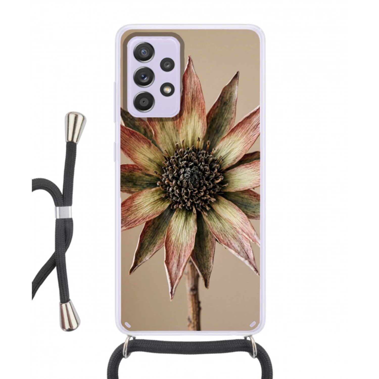 Droogbloem - Protea - Vintage - Beige - Rustiek Hoesje Samsung Galaxy A52 5G met koord klein -3d