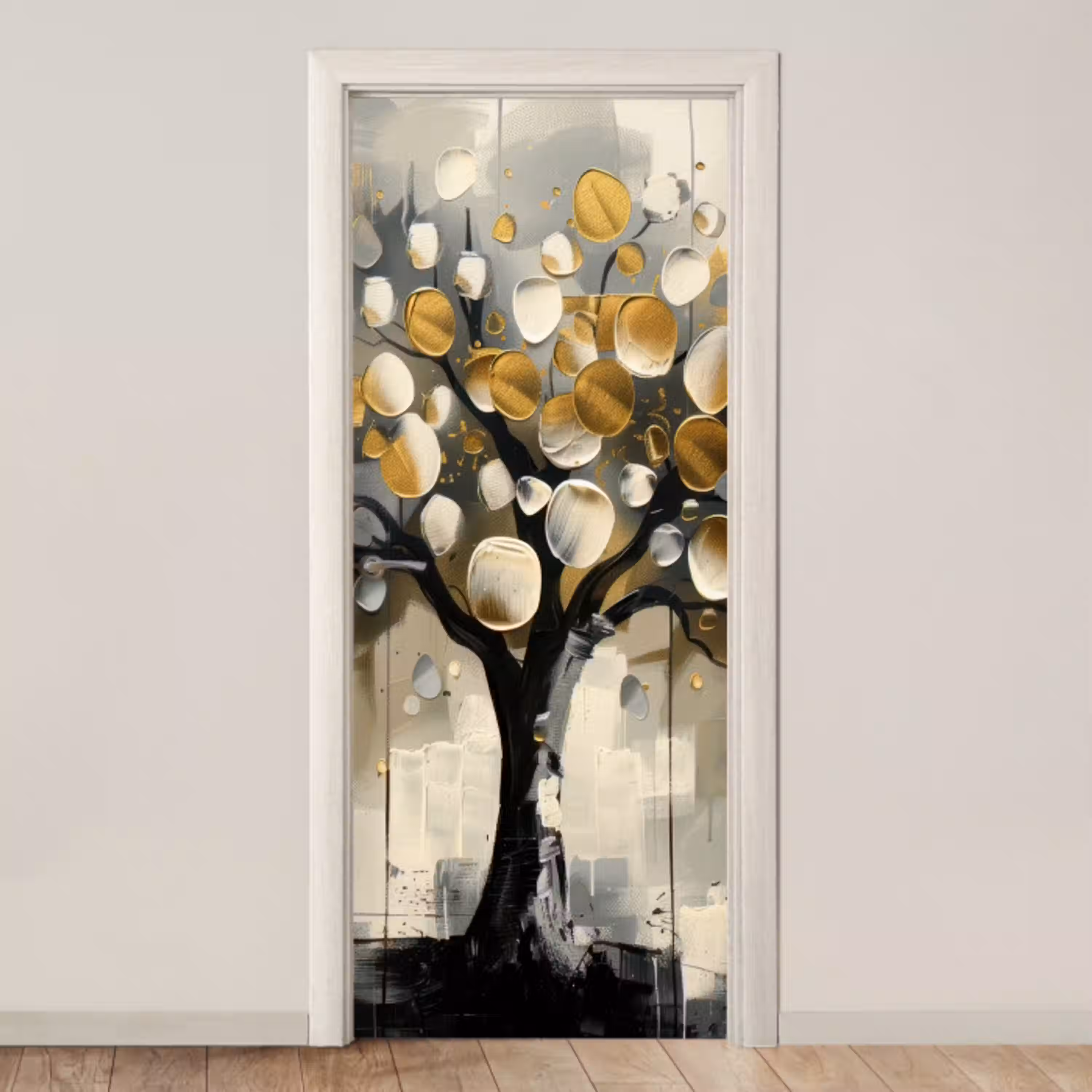 Boom - Abstract - Beige - Goud - Zwart deurposter klein -3d_beige