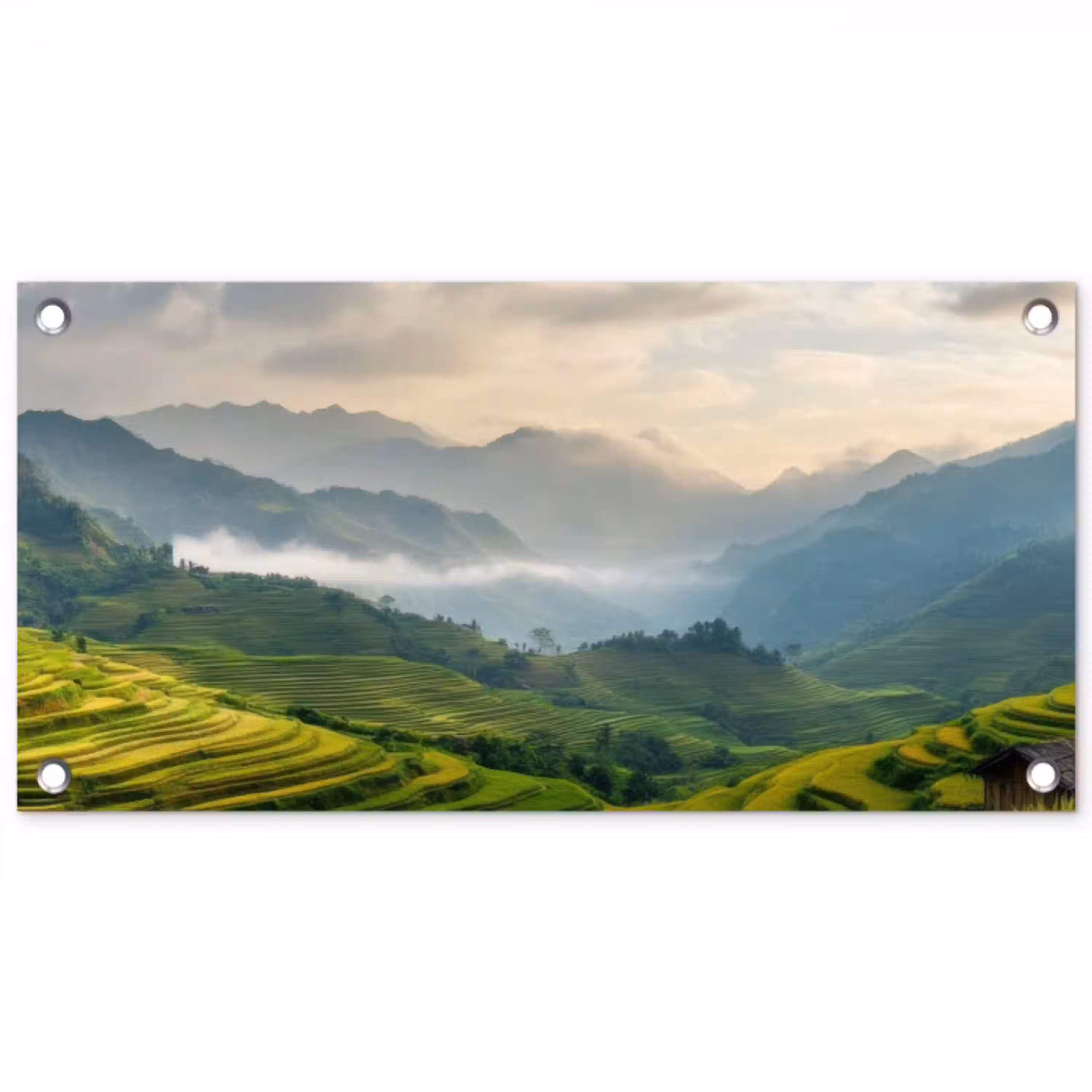 Rijstvelden - Bergen - Groen - Natuur tuinposter los doek klein -3d