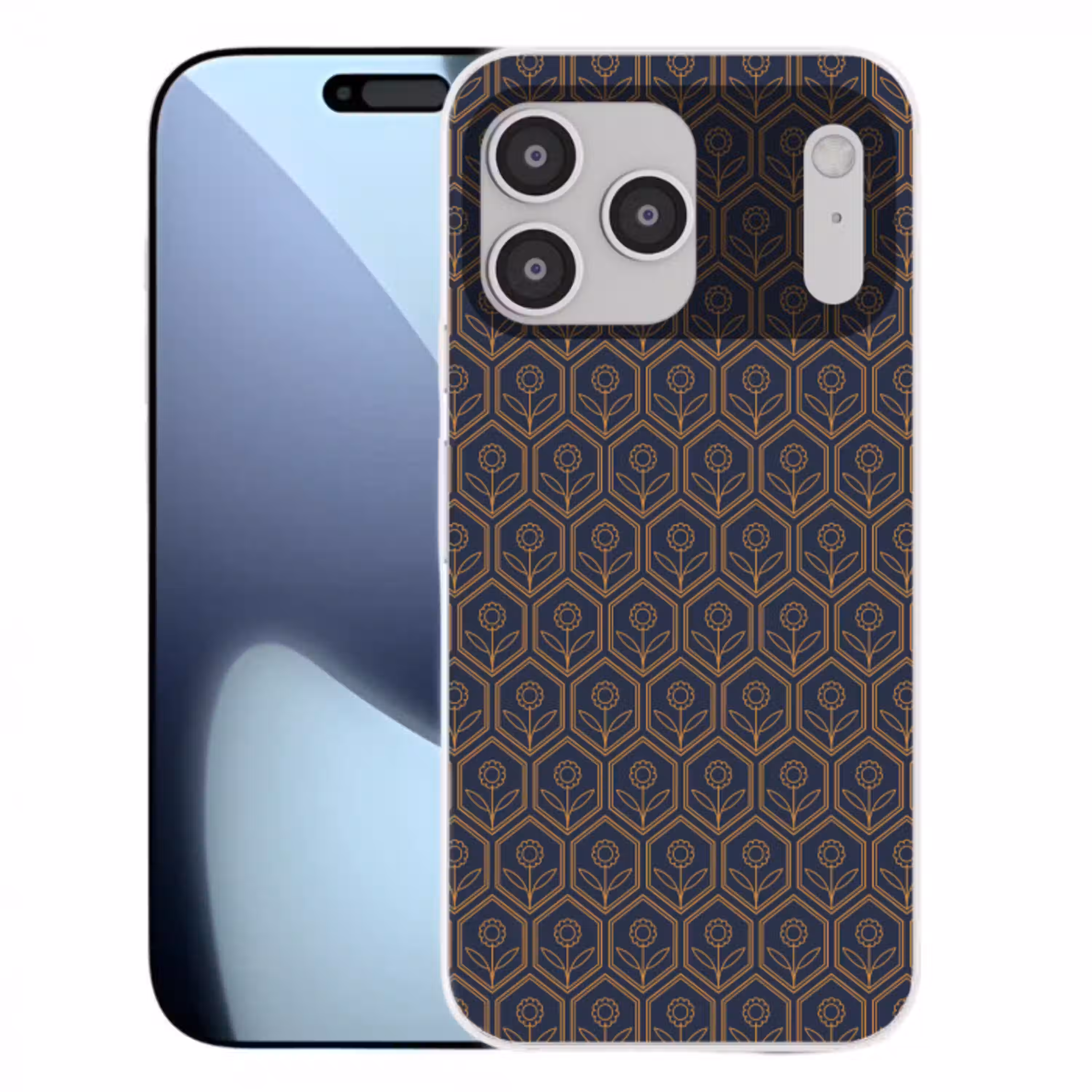 Donkerblauw - Patroon - Bloem - Symmetrisch Telefoonhoesje iPhone 17 Pro Max klein 879 -3d