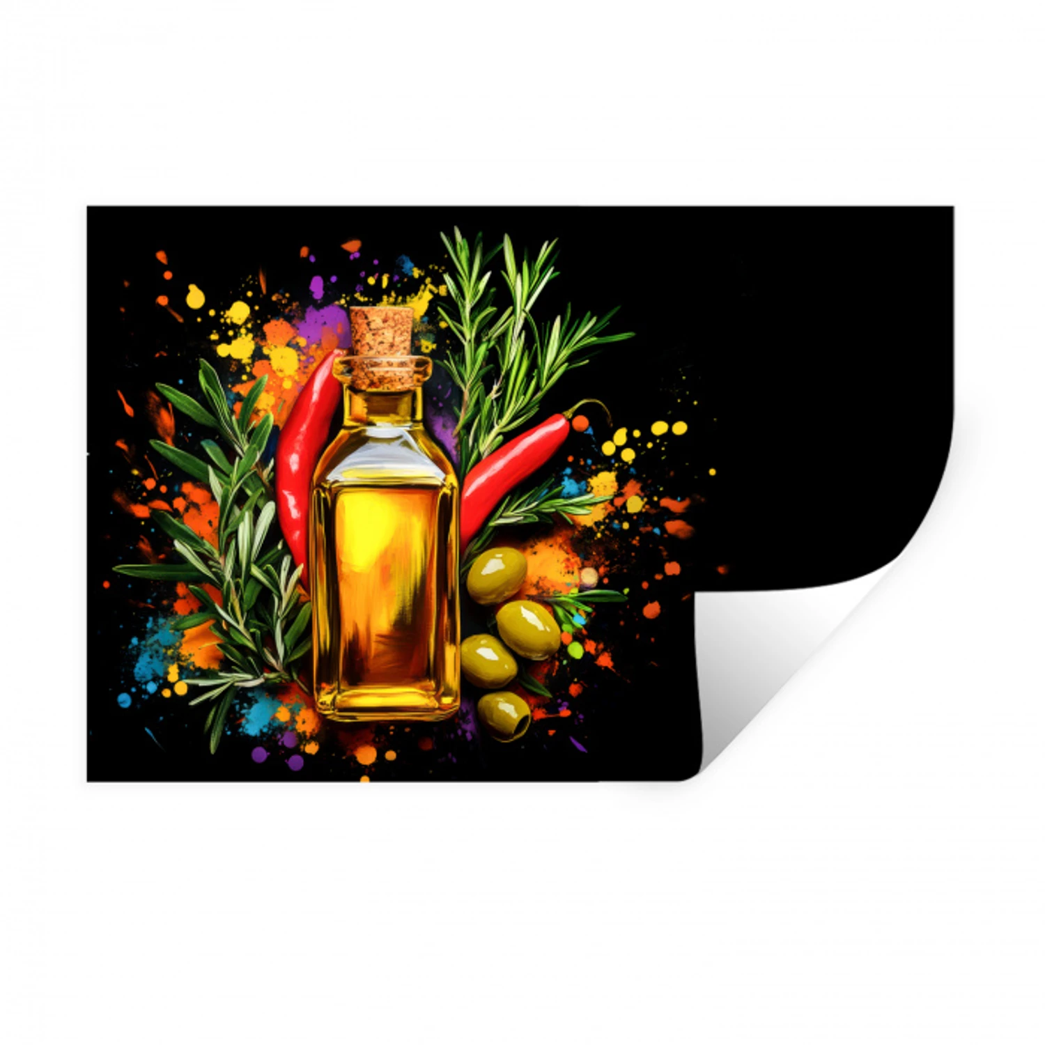 Olijfolie - Graffiti - Peper - Olijven - Modern Muursticker klein -3d