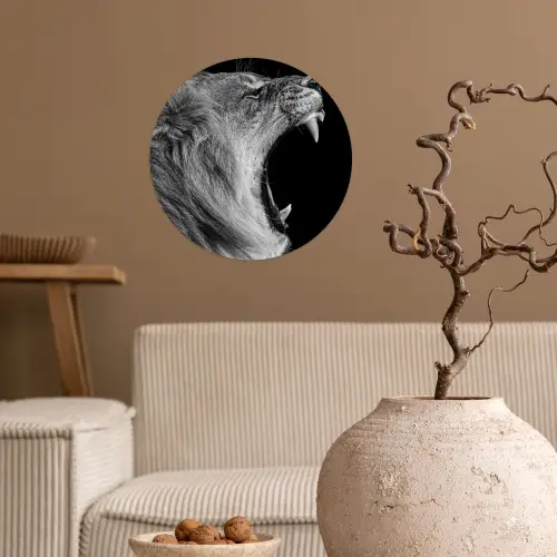 Dieren - Leeuw - Zwart - Wit - Portret Wandcirkel behangsticker klein -sfeer1