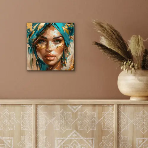 Vrouw - Portret - Goud - Luxe - Blauw aluminium wit klein -sfeer4