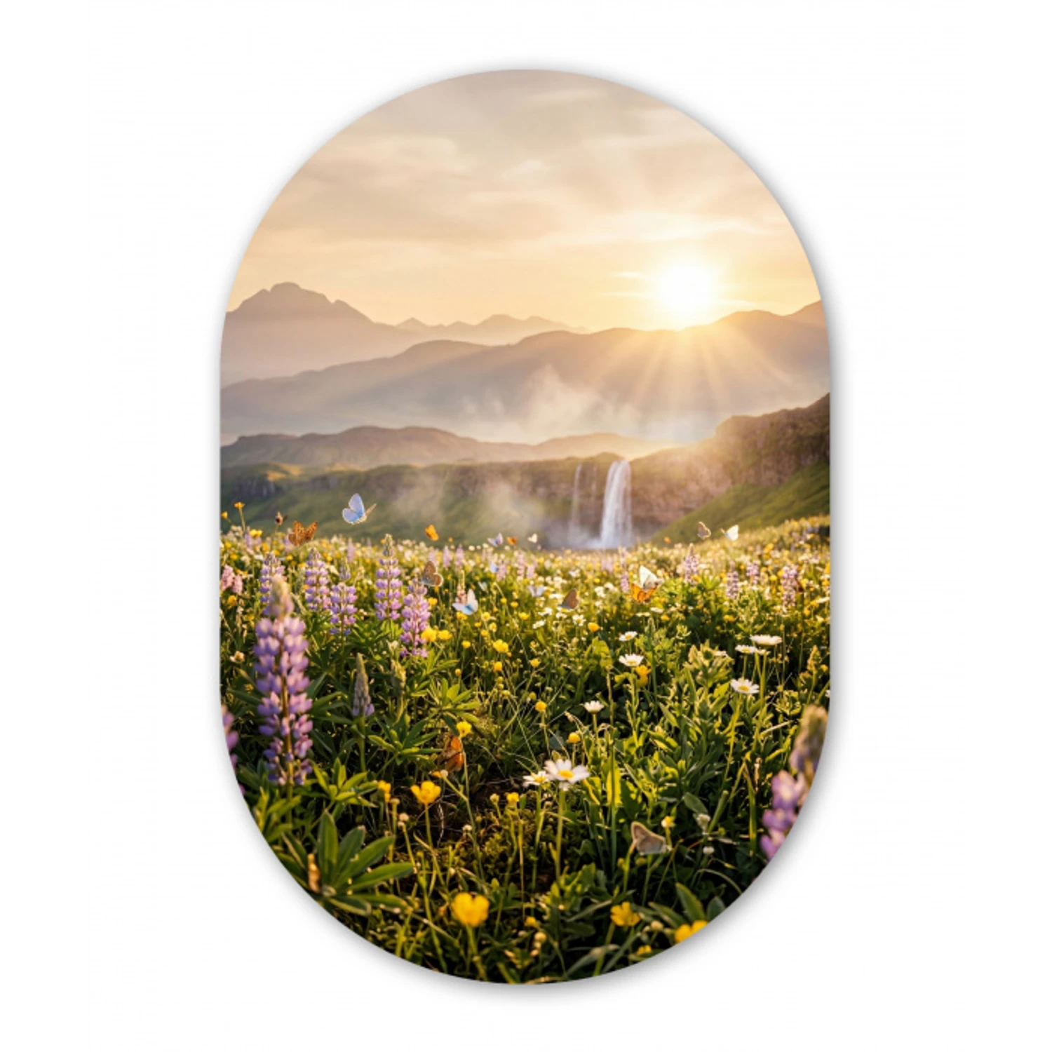Vlinders - Waterval - Bloemenveld Wandcirkel Ovaal Aluminium middel -3d