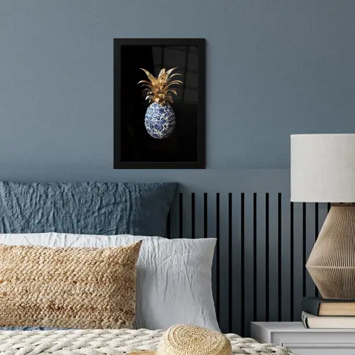 Ananas - Bloemen patroon - Goud - Delftsblauw fotolijst zwart zonder passe partout klein -sfeer3