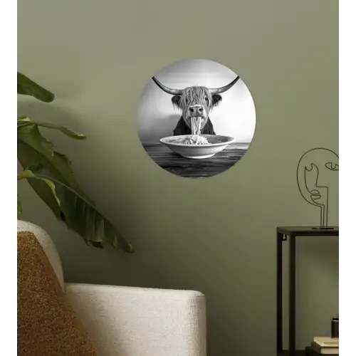 Schotse Hooglander - Spaghetti - Dieren - Zwart wit Wandcirkel behangsticker klein -sfeer2
