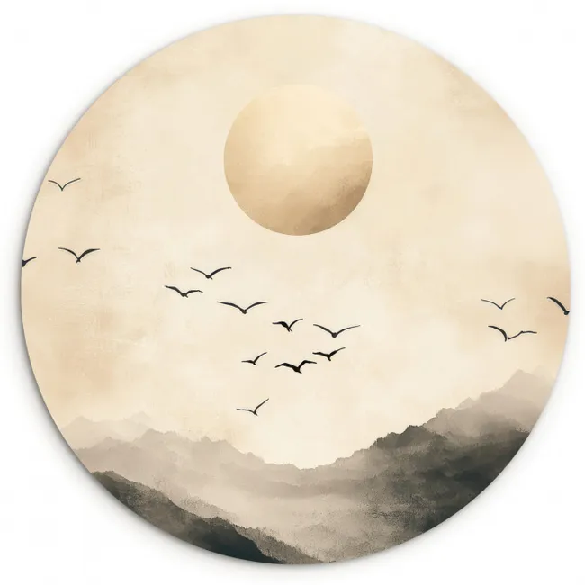 Landschap - Japandi - vogel Wandcirkel kunststof plaat 5mm dik klein -3d