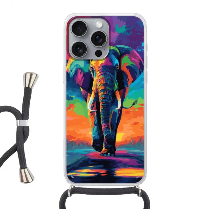 Olifant - Kleurrijk - Lucht - Abstract Hoesje iPhone 16 Pro Max met koord klein -3d