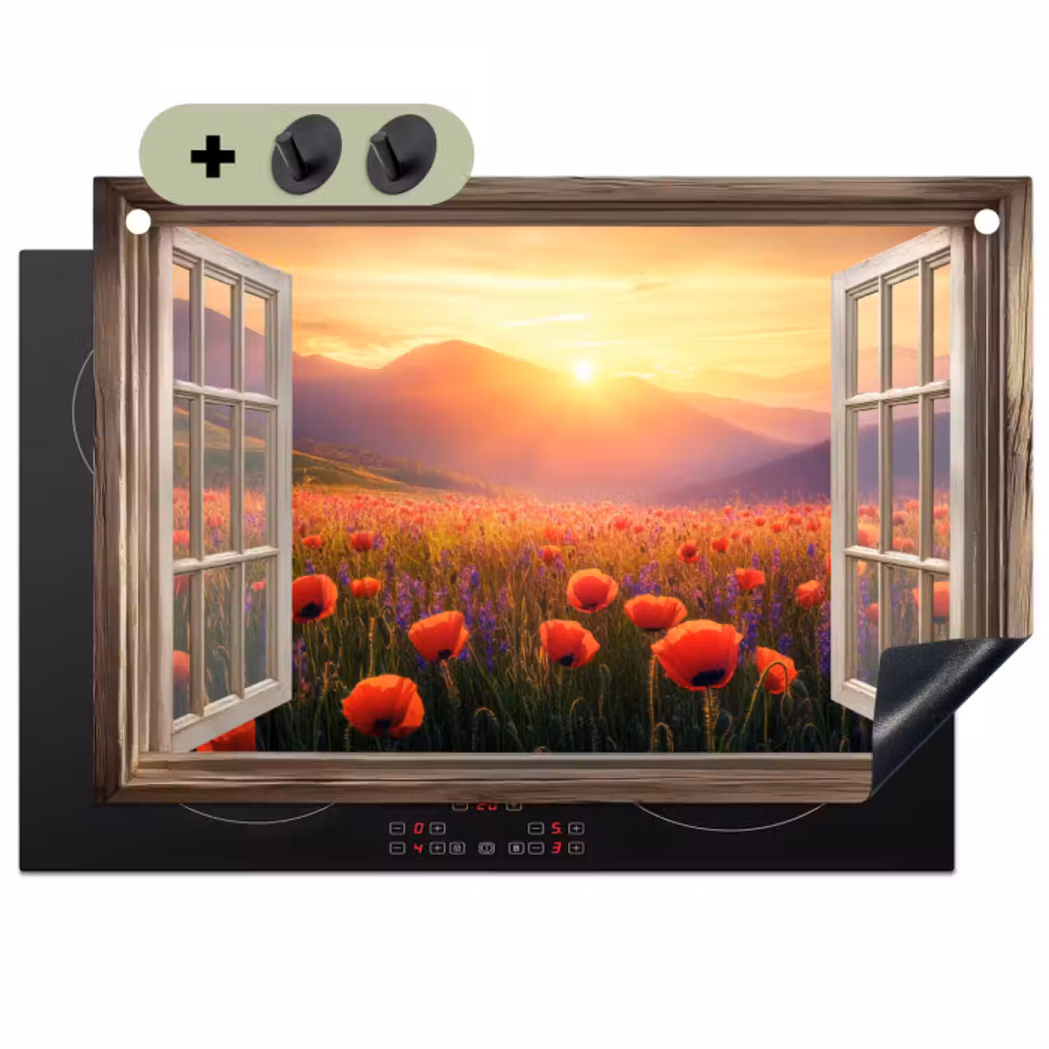 Inductie beschermer en spatscherm (2in1) - Doorkijk - Klaprozen - Bloemen - Rood - Open raam