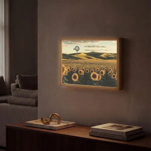 Zonnebloem - Veld - Windmolen Light Box met batterij (Wandlamp) middel -sfeer1