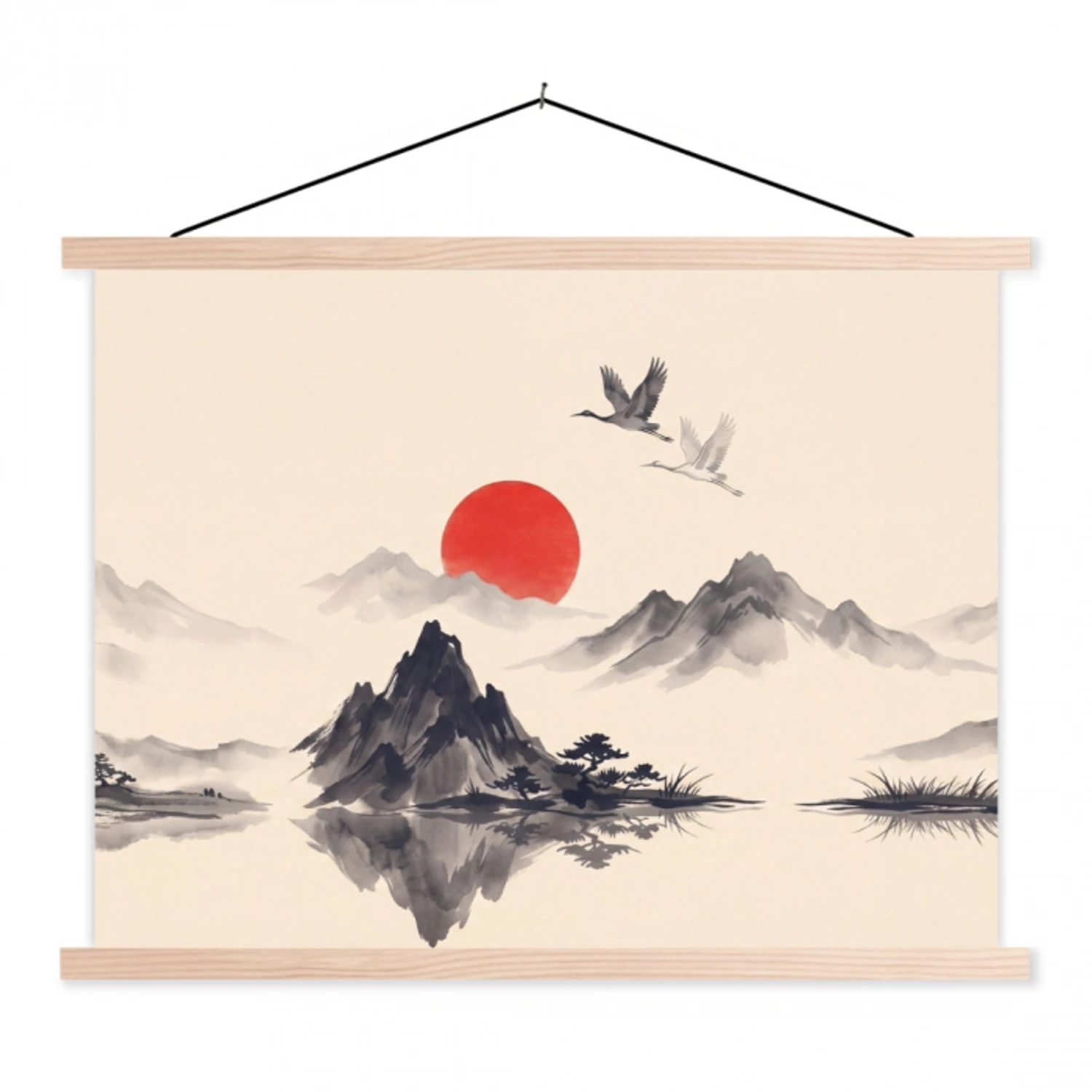 Oosters - Kraanvogels - Landschap textielposter latten blank klein -3d