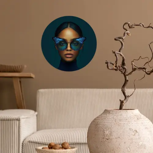 Vrouw - Vlinder - Bril - Blauw - Modern - Portret Wandcirkel behangsticker klein -sfeer1